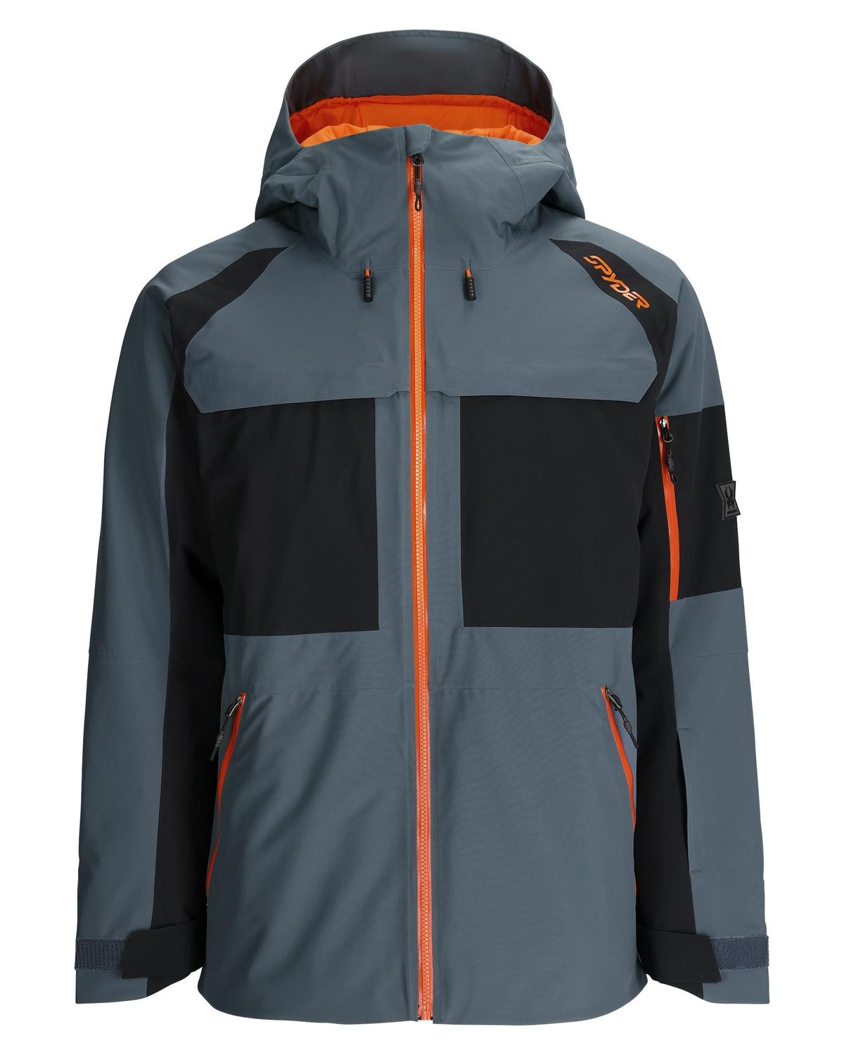 Gray and black jacket with orange accents on a white background