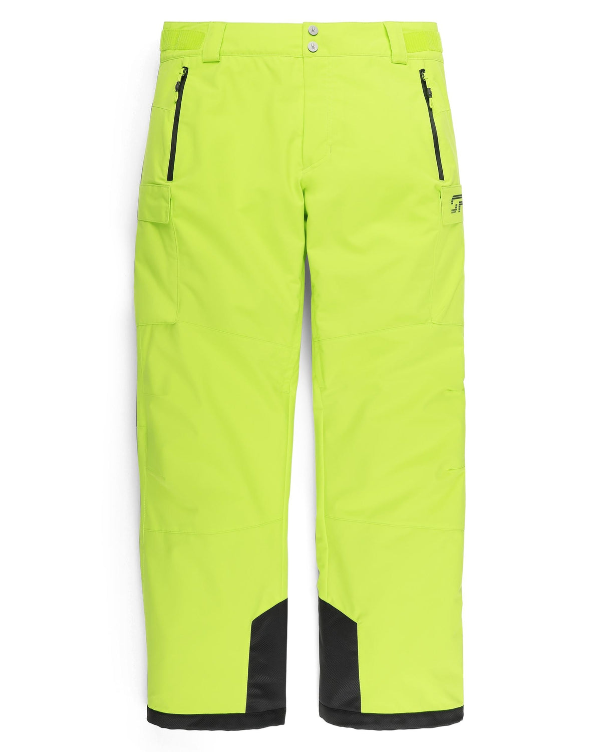 Bright green ski pants with black zippers and accents on a white background