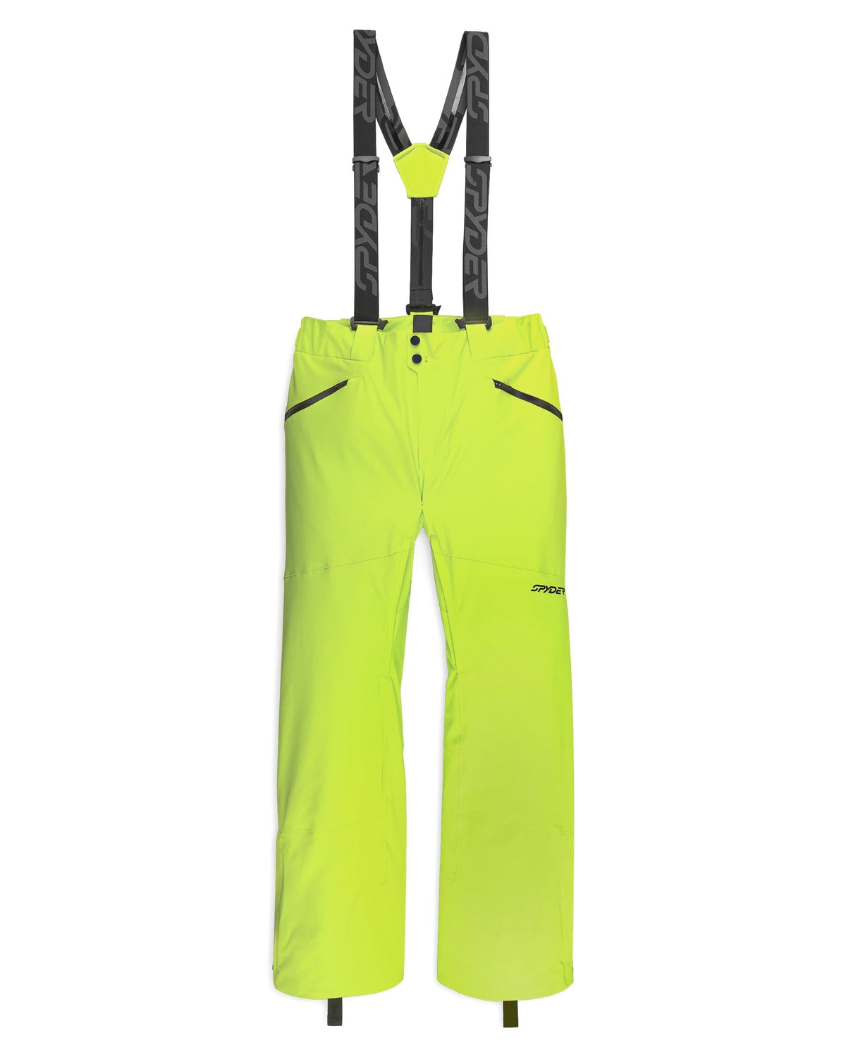 Bright yellow ski pants with black suspenders on a white background