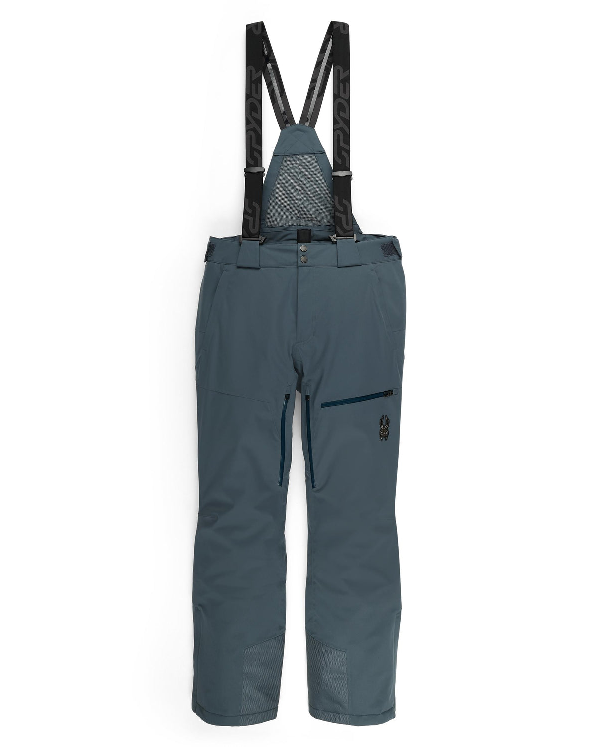 Dark gray pants with black suspenders on a white background