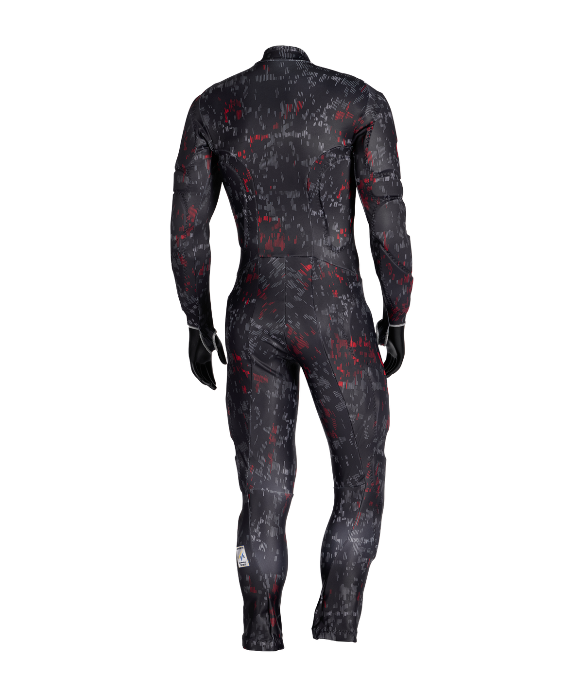 Black race suit with red speckles on a white background