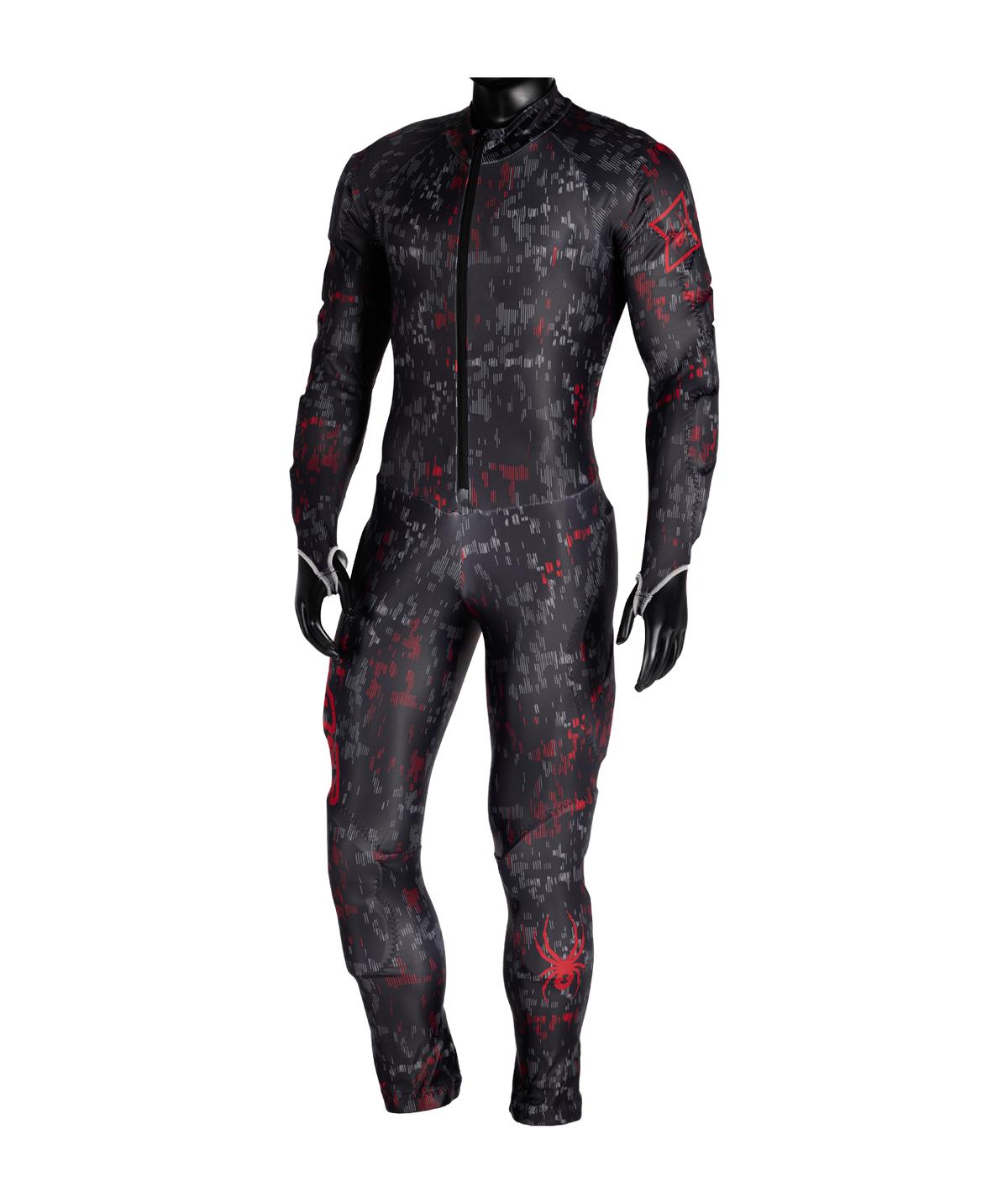Black and red patterned jumpsuit against a white background