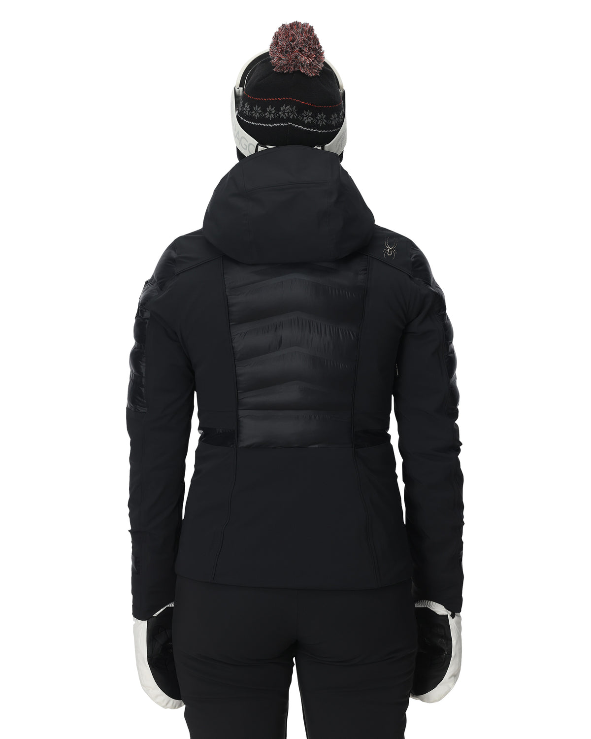 Person wearing a black winter coat with a hood on a white background