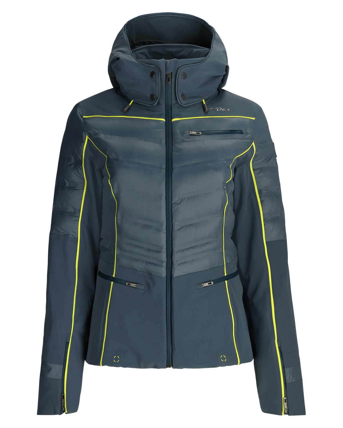 Blue jacket with yellow accents on a white background