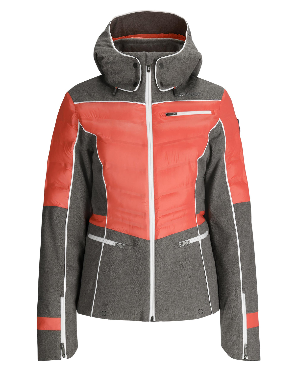 Red and gray jacket with a hood on a white background