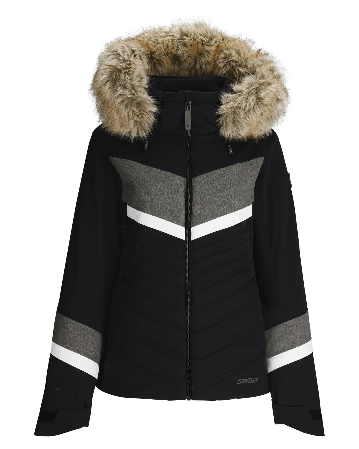 Black jacket with fur-lined hood on a white background