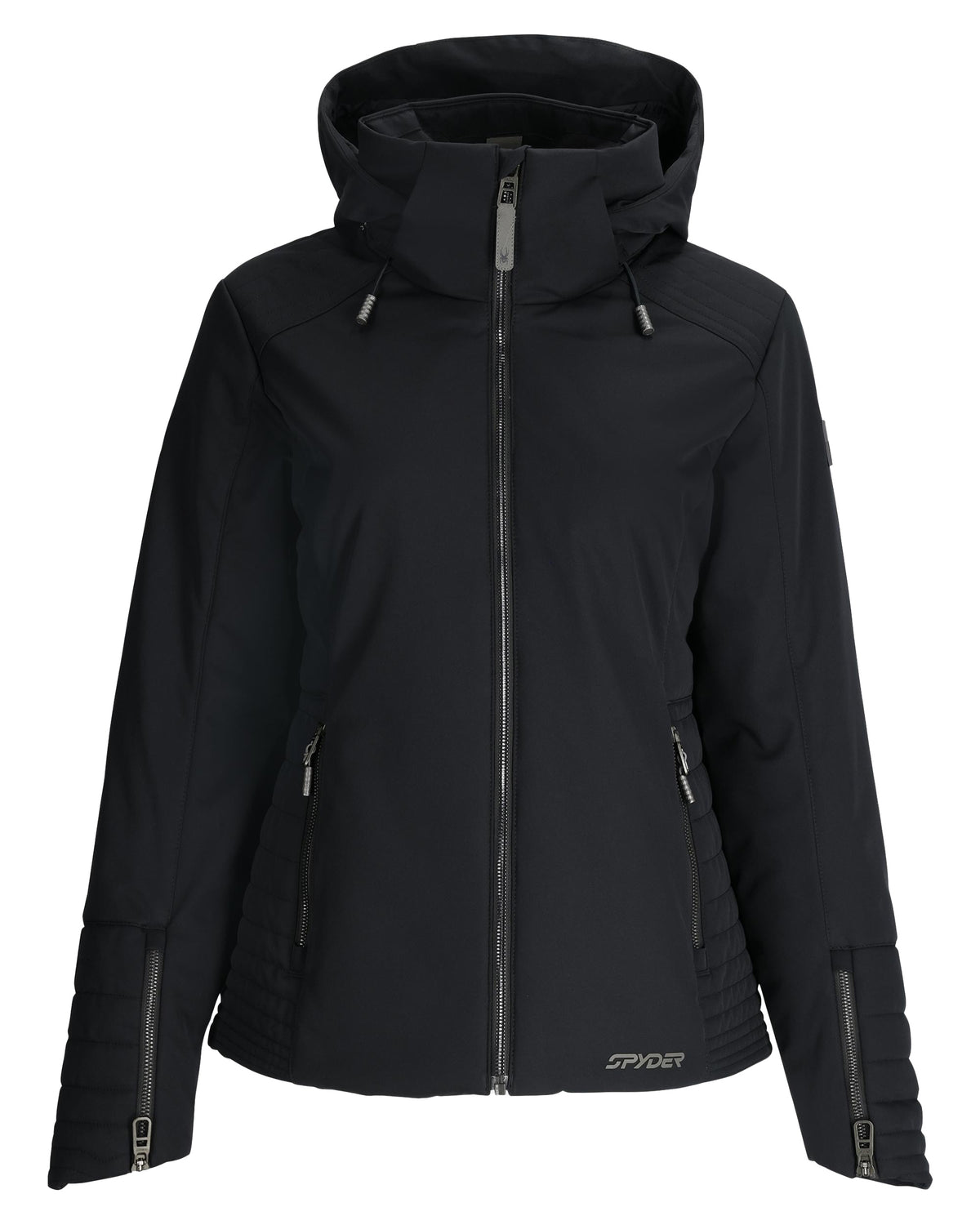 Black jacket with a brand logo on a white background