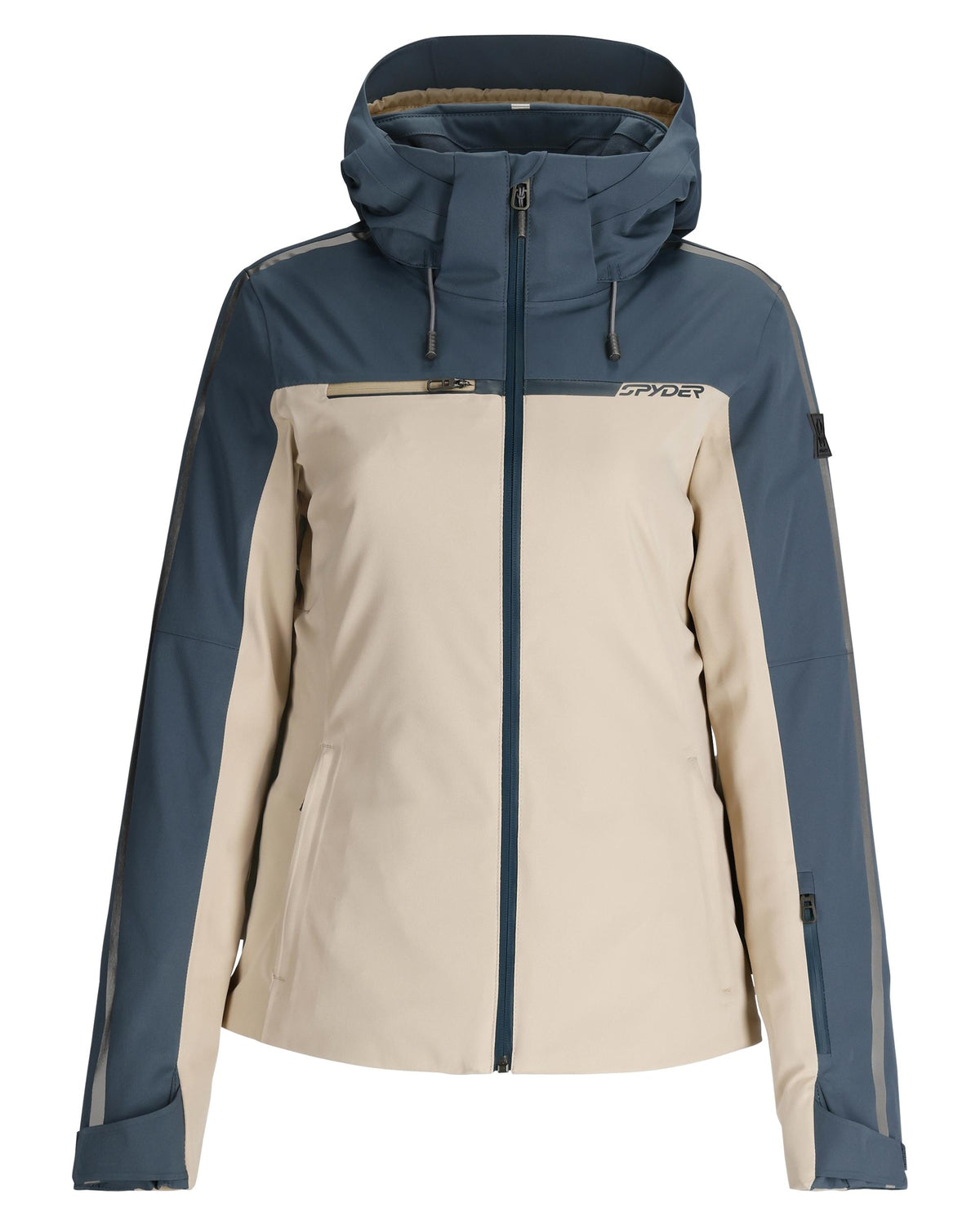 Two-tone blue and beige jacket with a brand logo on a white background