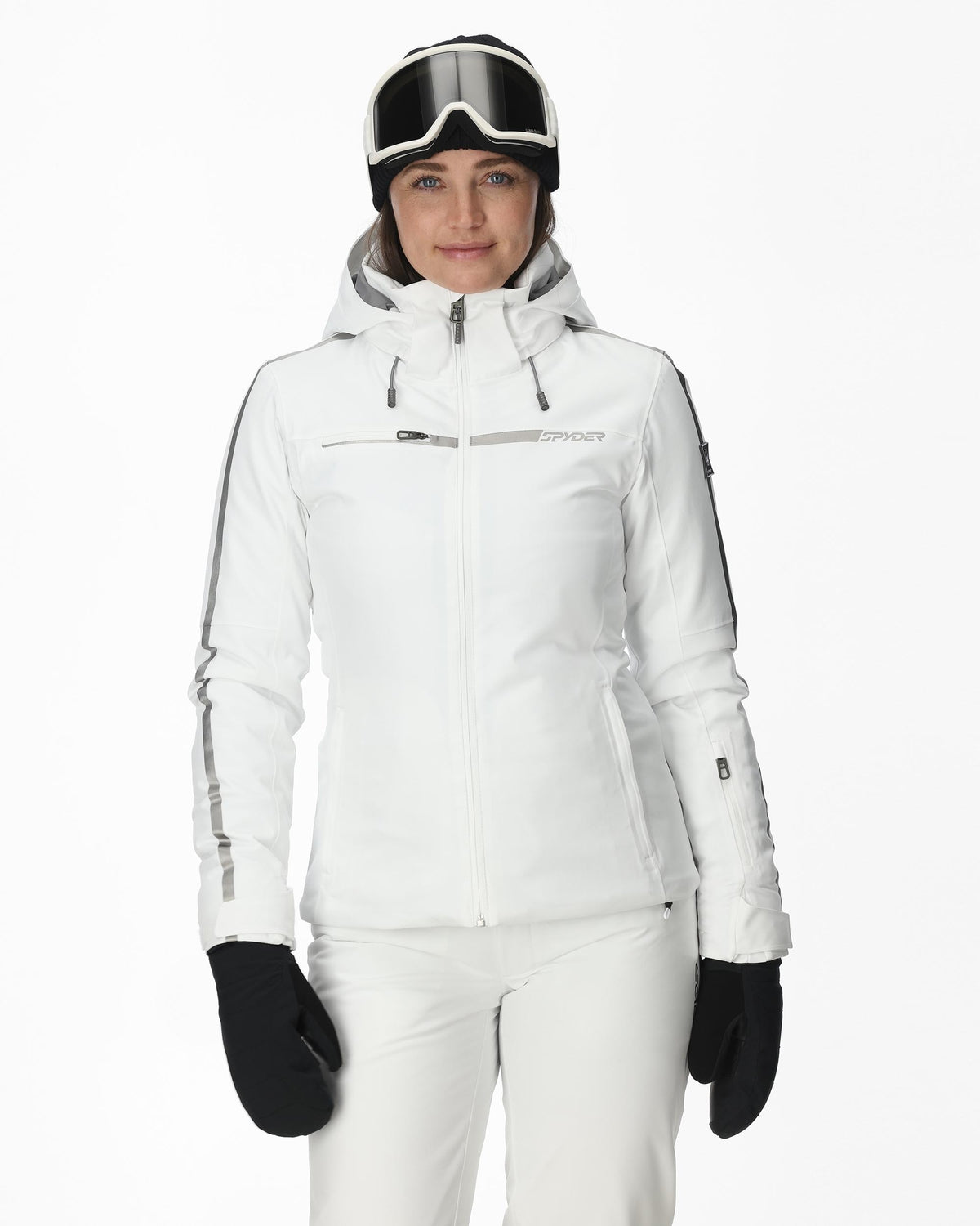 Person wearing a white ski jacket, pants, gloves, and goggles on a white background