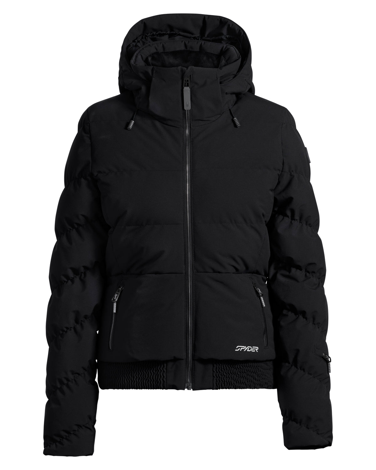Black puffer jacket with a brand logo on a white background