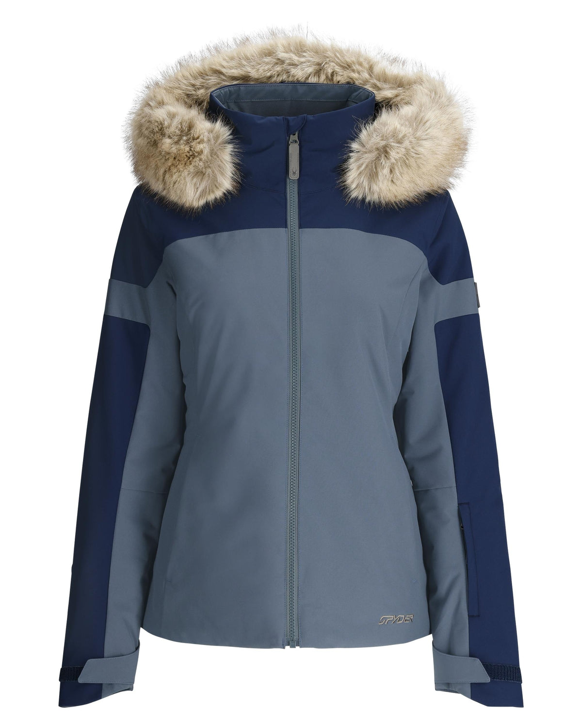Two-tone blue and gray jacket with fur-lined hood on a white background