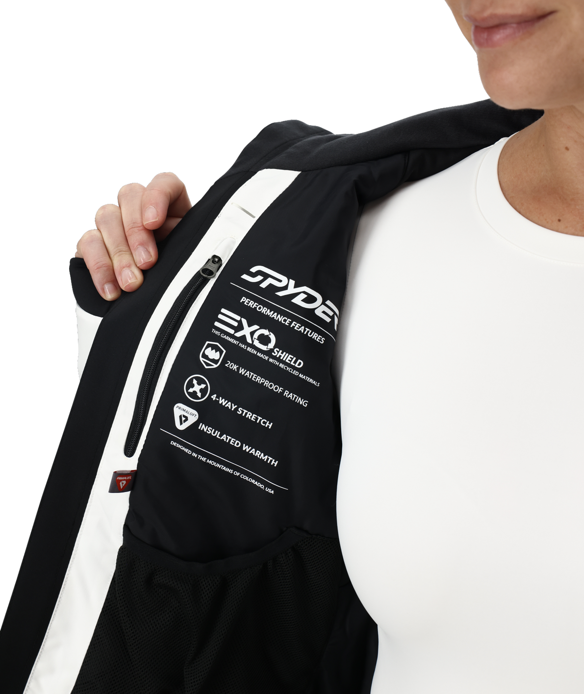 Black Spyder jacket with visible branding and features on a white background