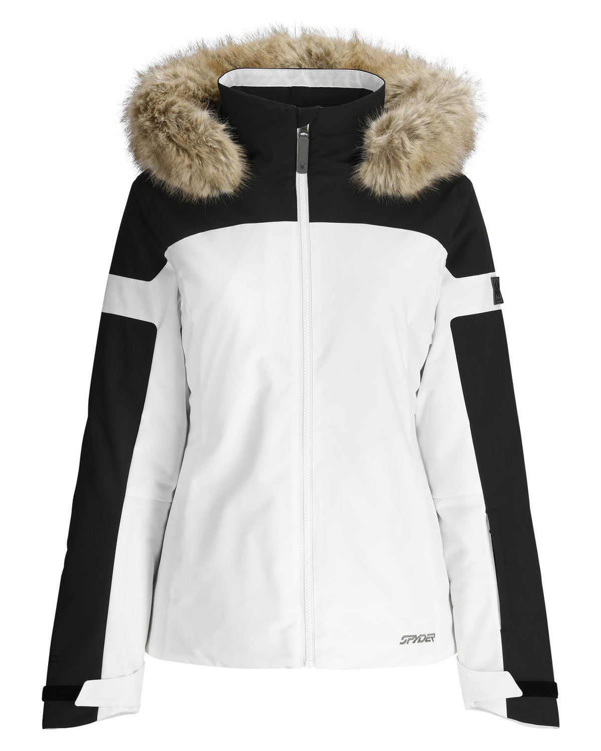 Black and white jacket with fur-lined hood on a white background