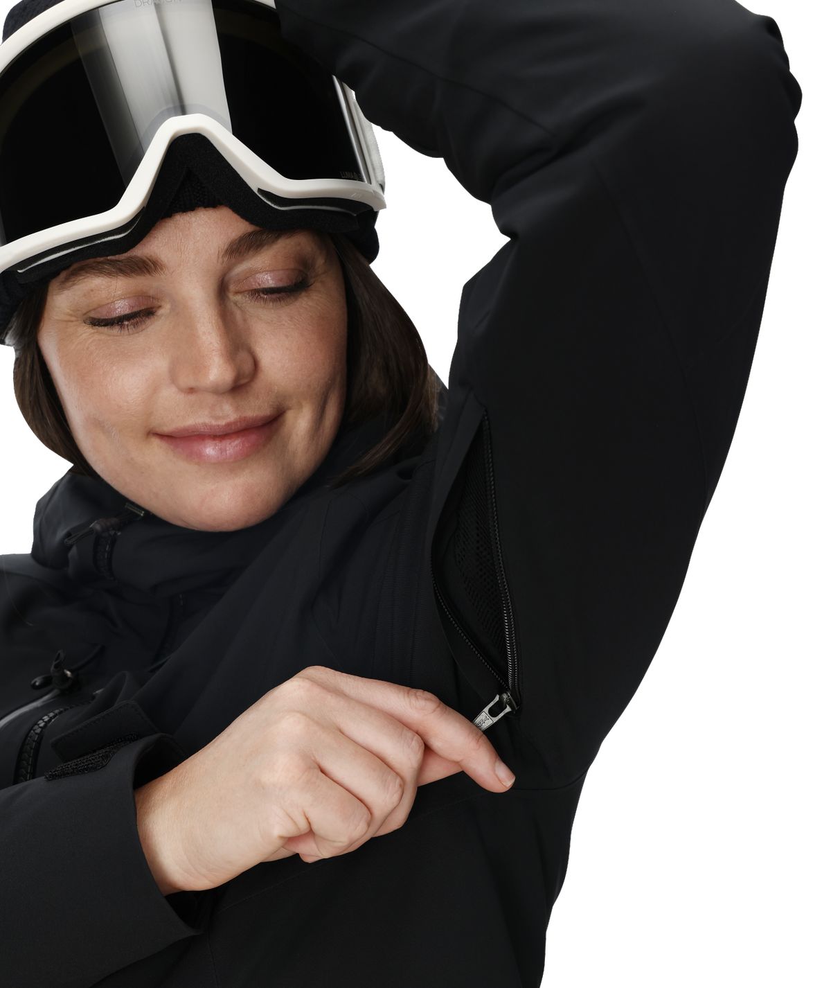 Person wearing a black jacket and helmet on a white background