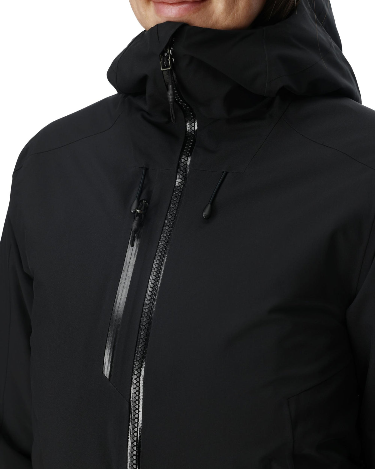 Close-up of a black jacket with a hood on a white background