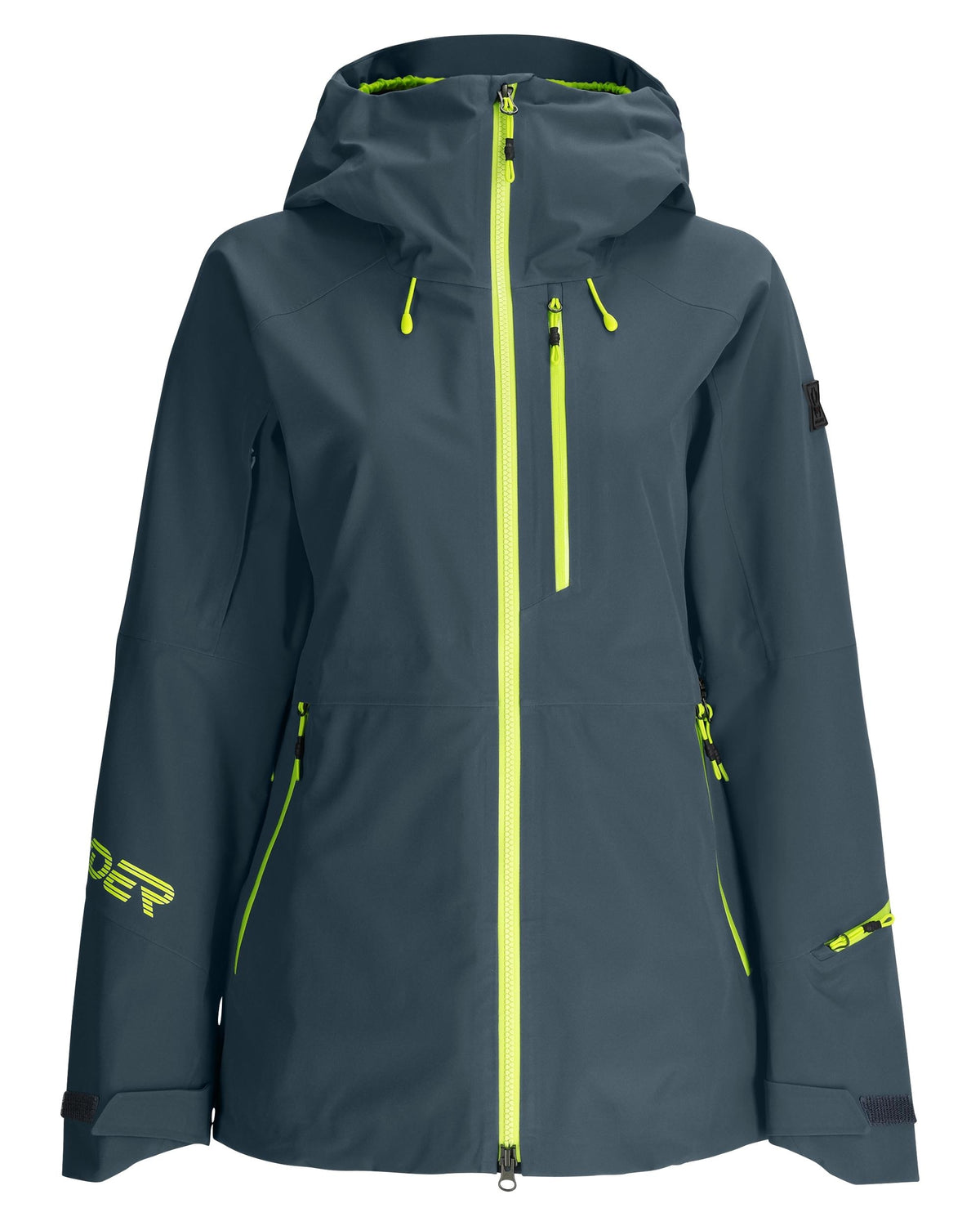 Dark gray jacket with bright yellow accents on a white background