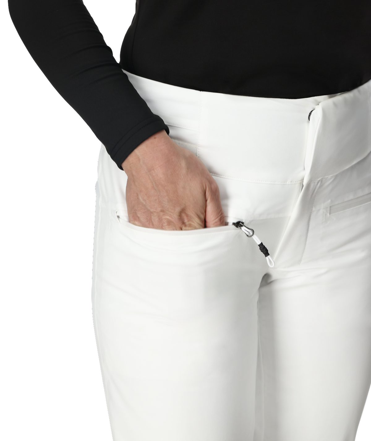 Person wearing white pants with a black top on a white background