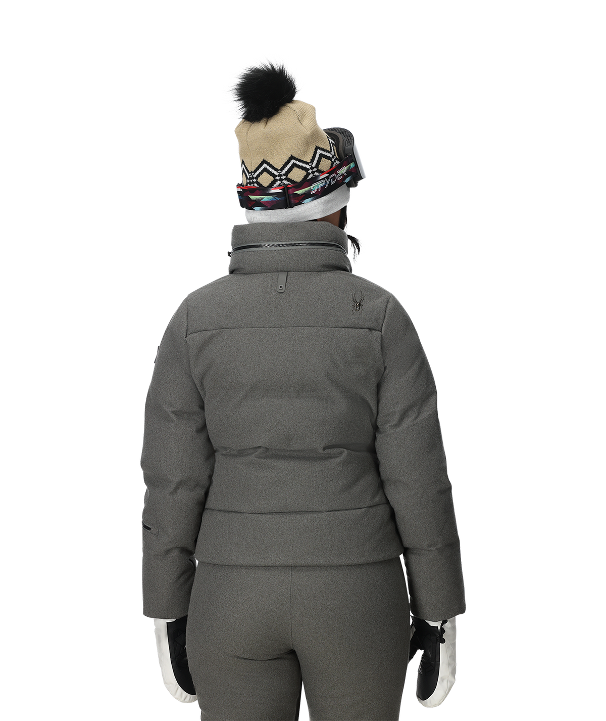 Person wearing a gray winter coat, pants, and hat on a white background