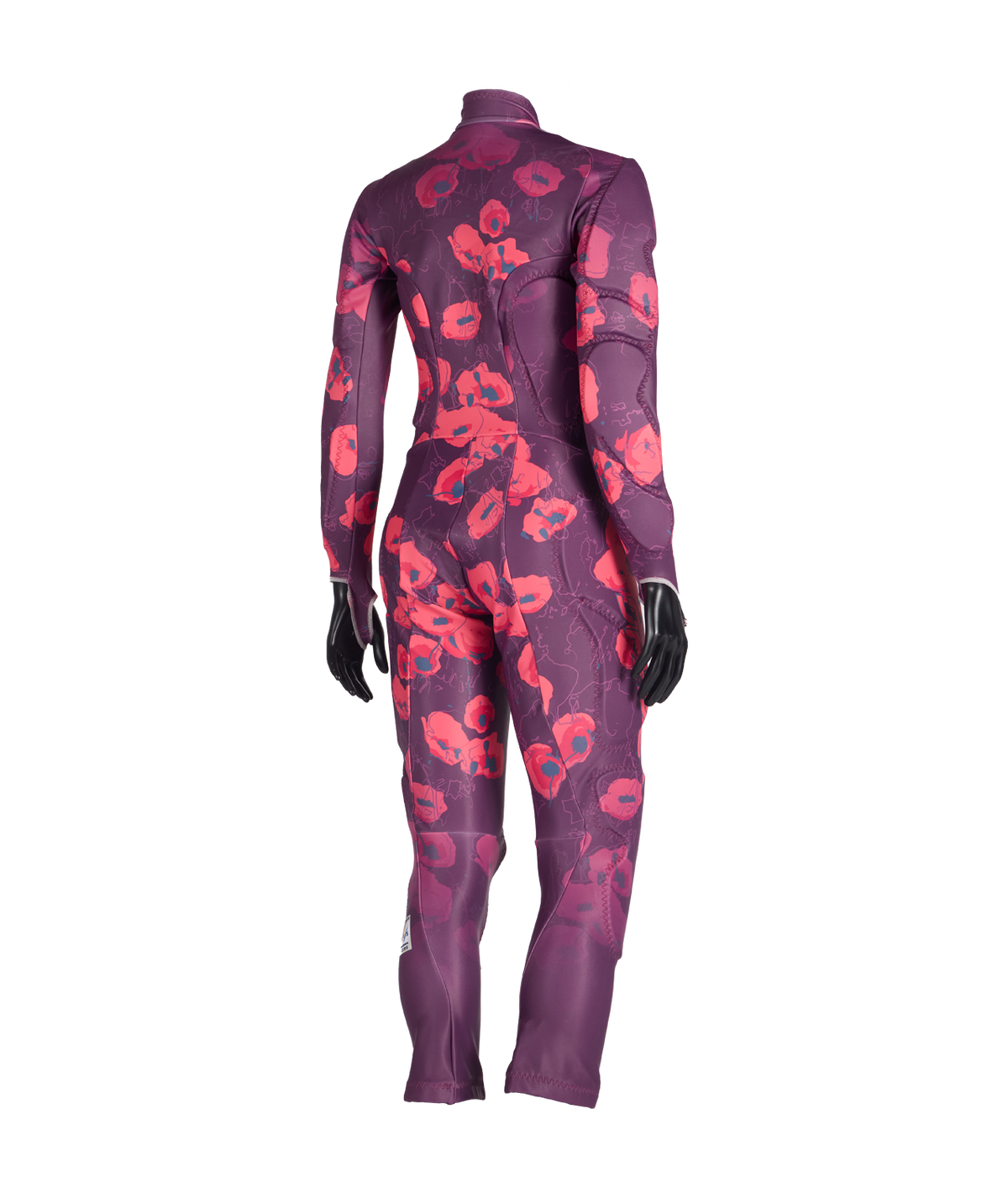 Purple and red patterned bodysuit on a white background