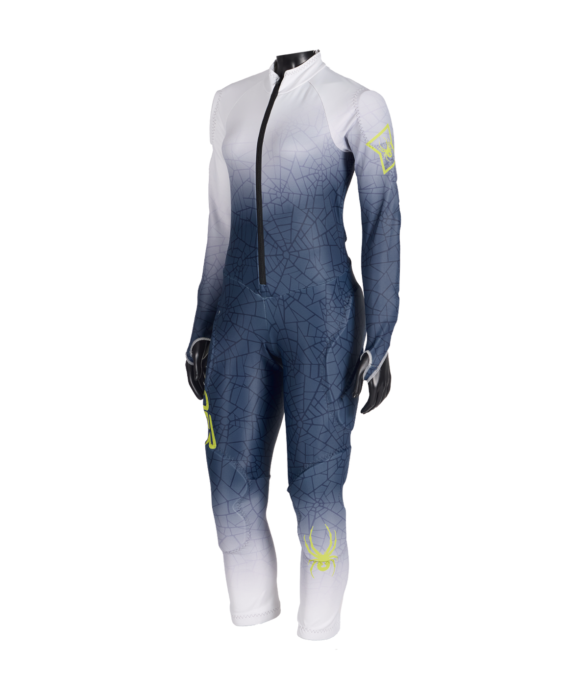 Gradient racing suit with black, white, and blue design on a white background