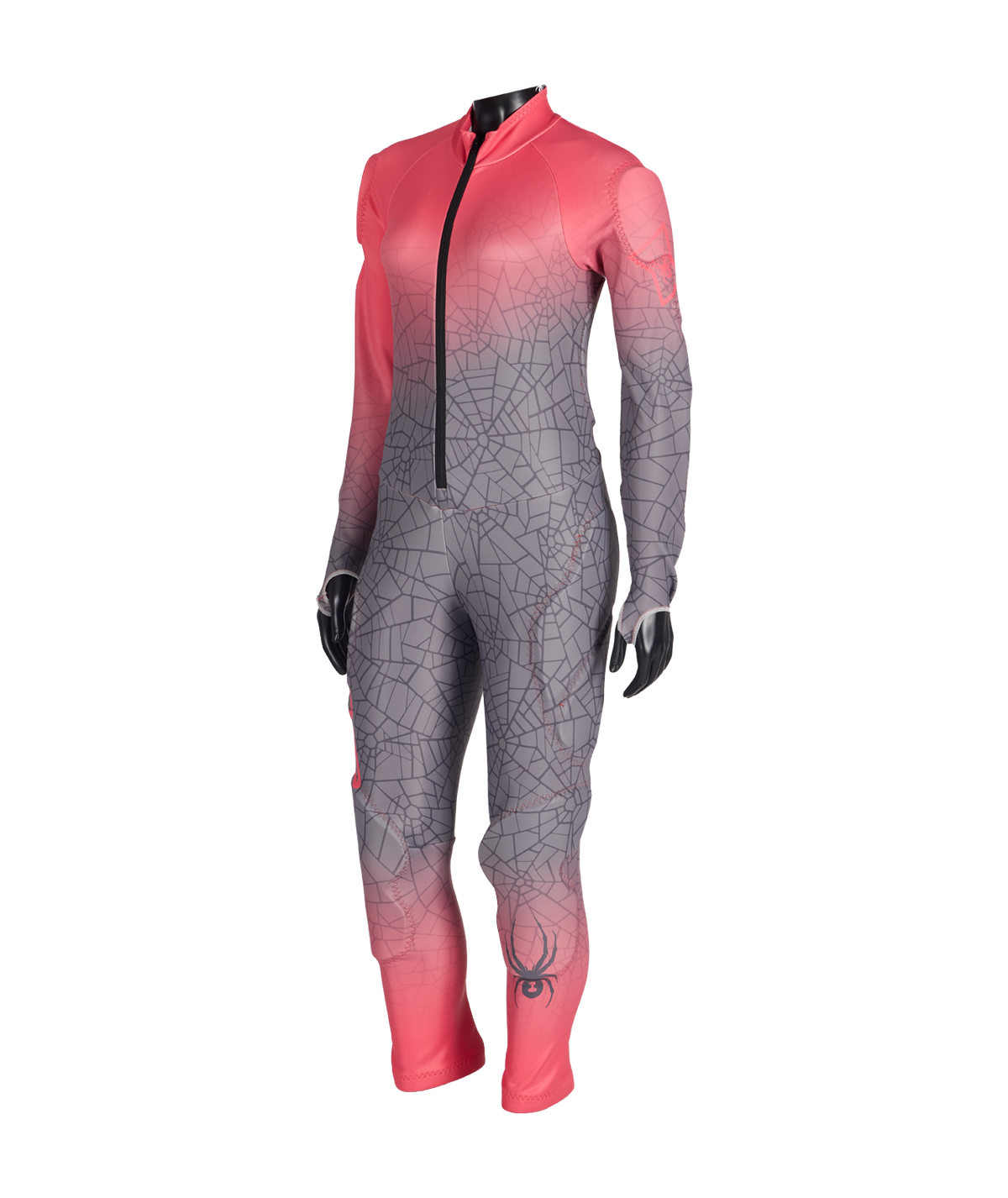Gradient red to gray full-body suit with spider web pattern on a white background