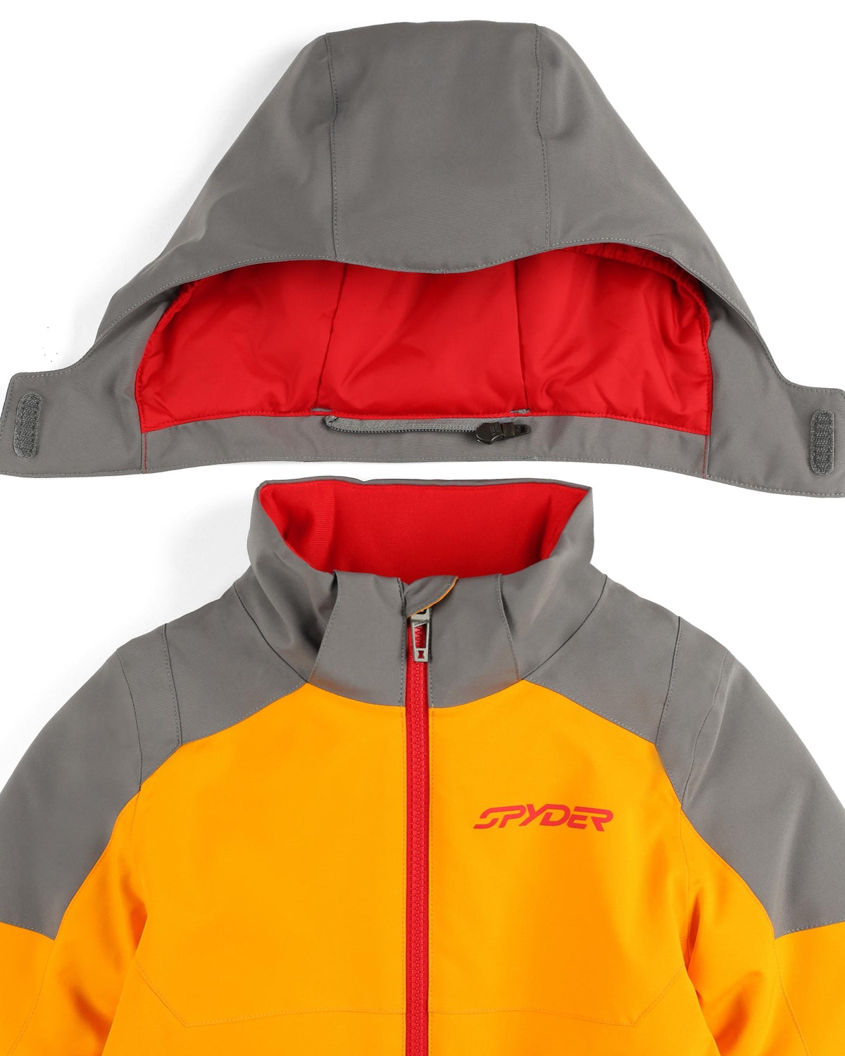 Gray and orange jacket with red interior on a white background