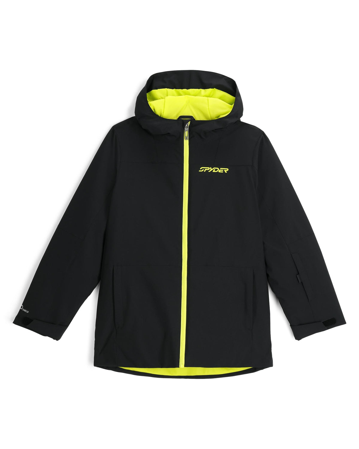 Black jacket with yellow accents and Spyder logo on a white background