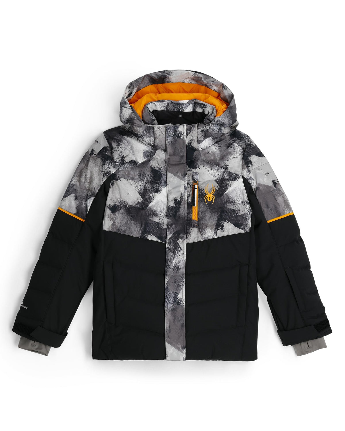Camouflage-patterned jacket with black accents on a white background