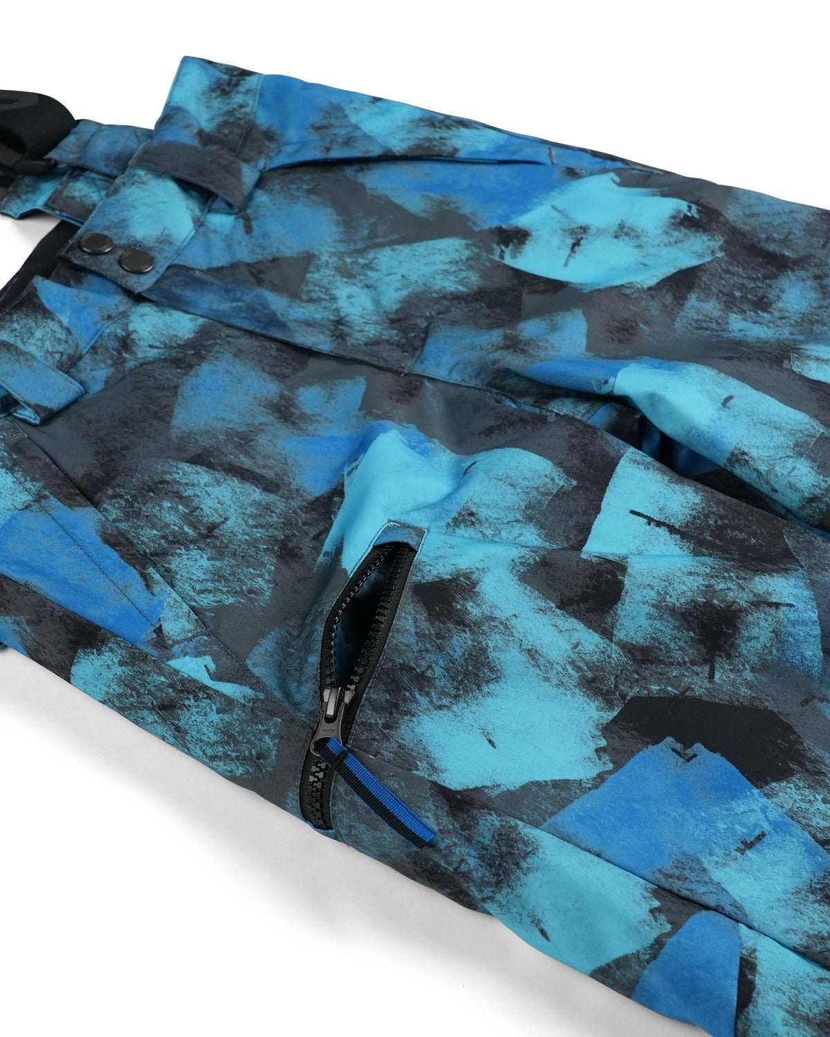 Blue and black patterned jacket with a zipper on a white background