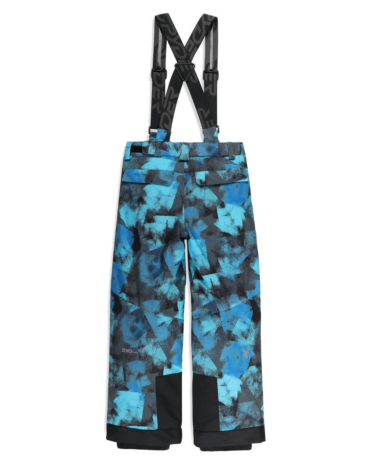Blue and black patterned snow pants with suspenders on a white background