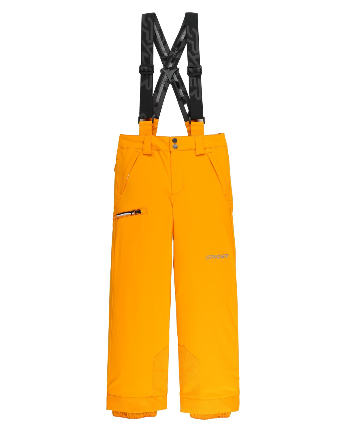 Orange ski pants with black suspenders on a white background