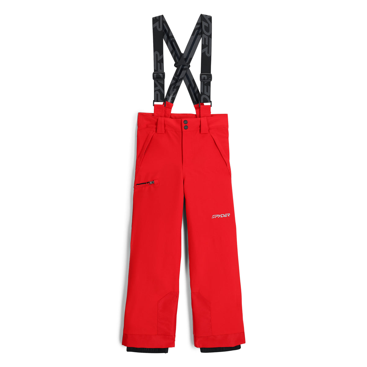 Red ski pants with adjustable suspenders and zippered hand pockets.