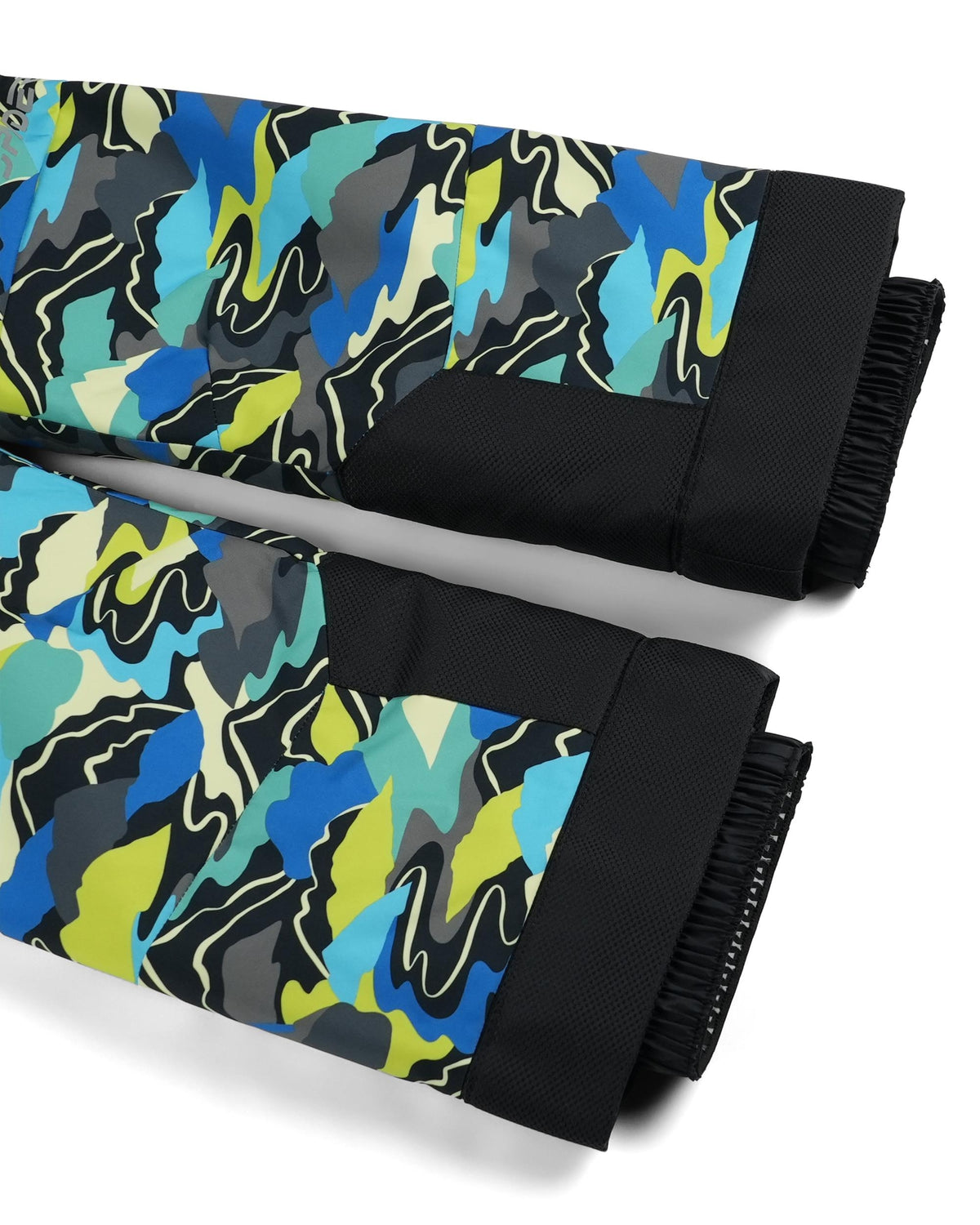 Colorful camouflage-patterned leggings with black edges on a white background
