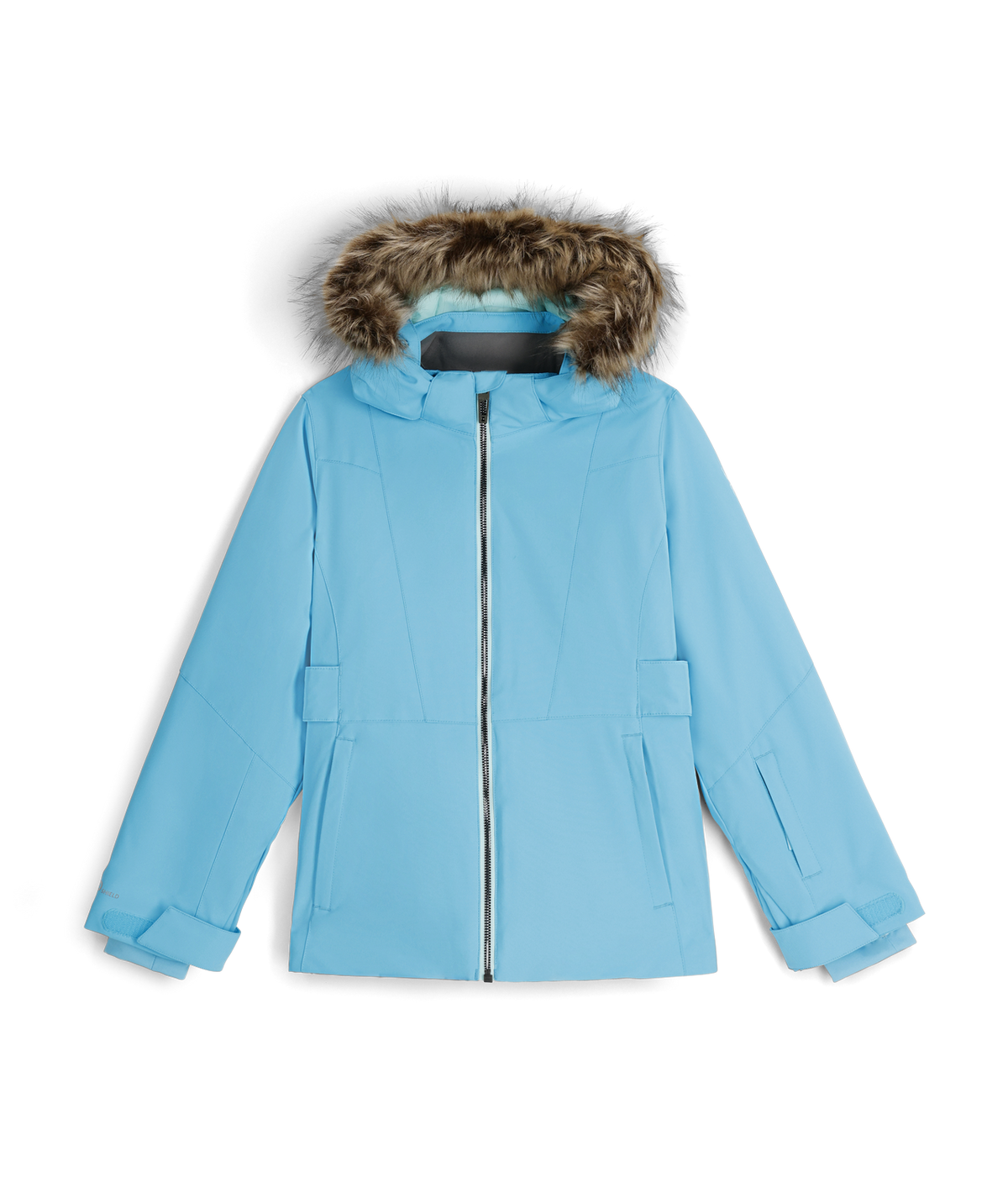 Blue winter jacket with fur hood on a white background