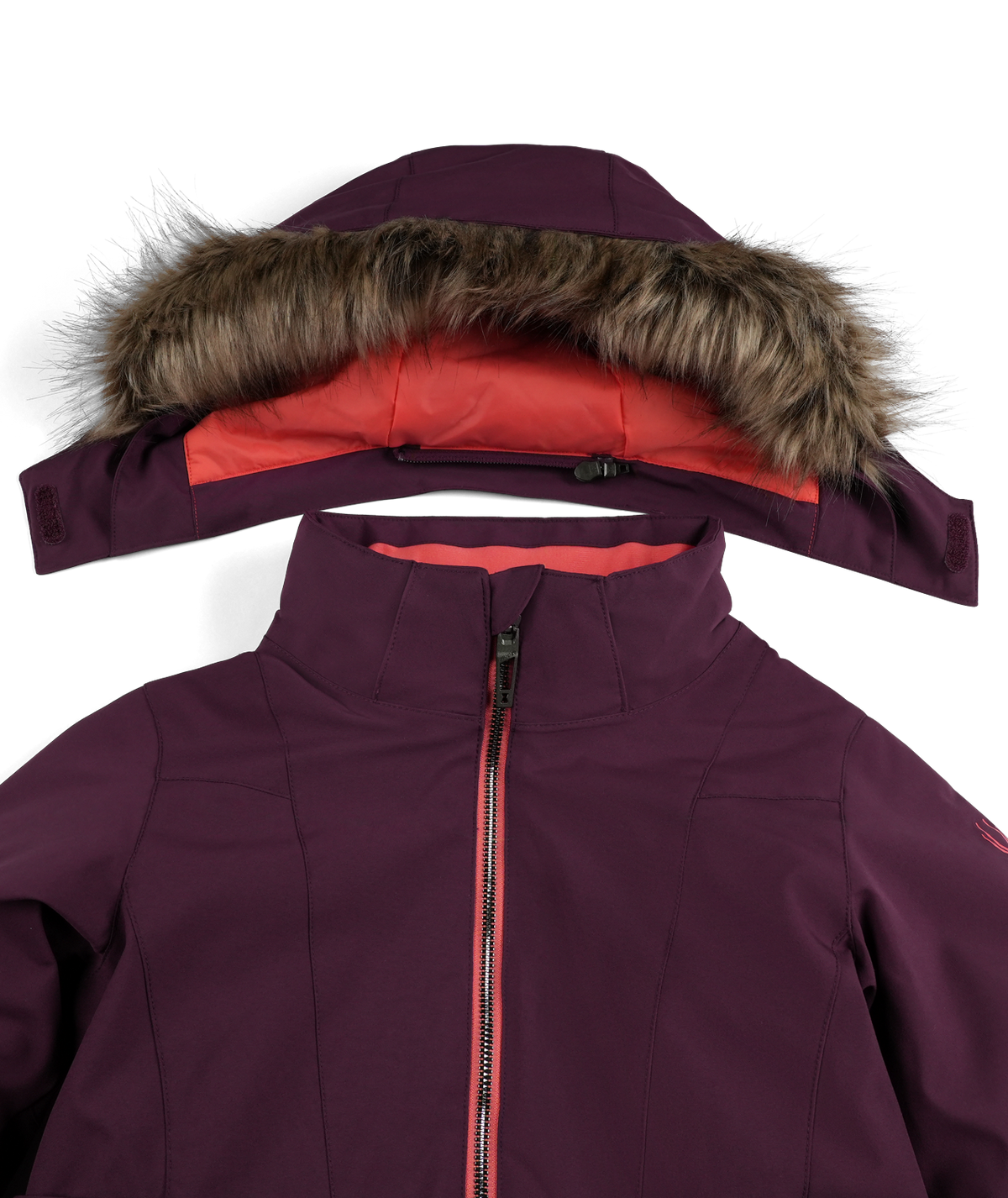 Purple jacket with fur-lined hood on a white background