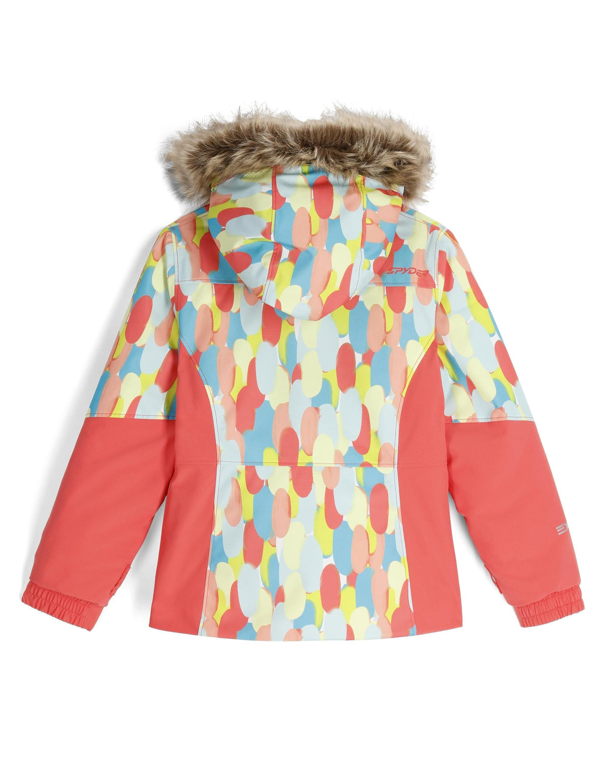 Colorful patterned jacket with red sleeves on a white background