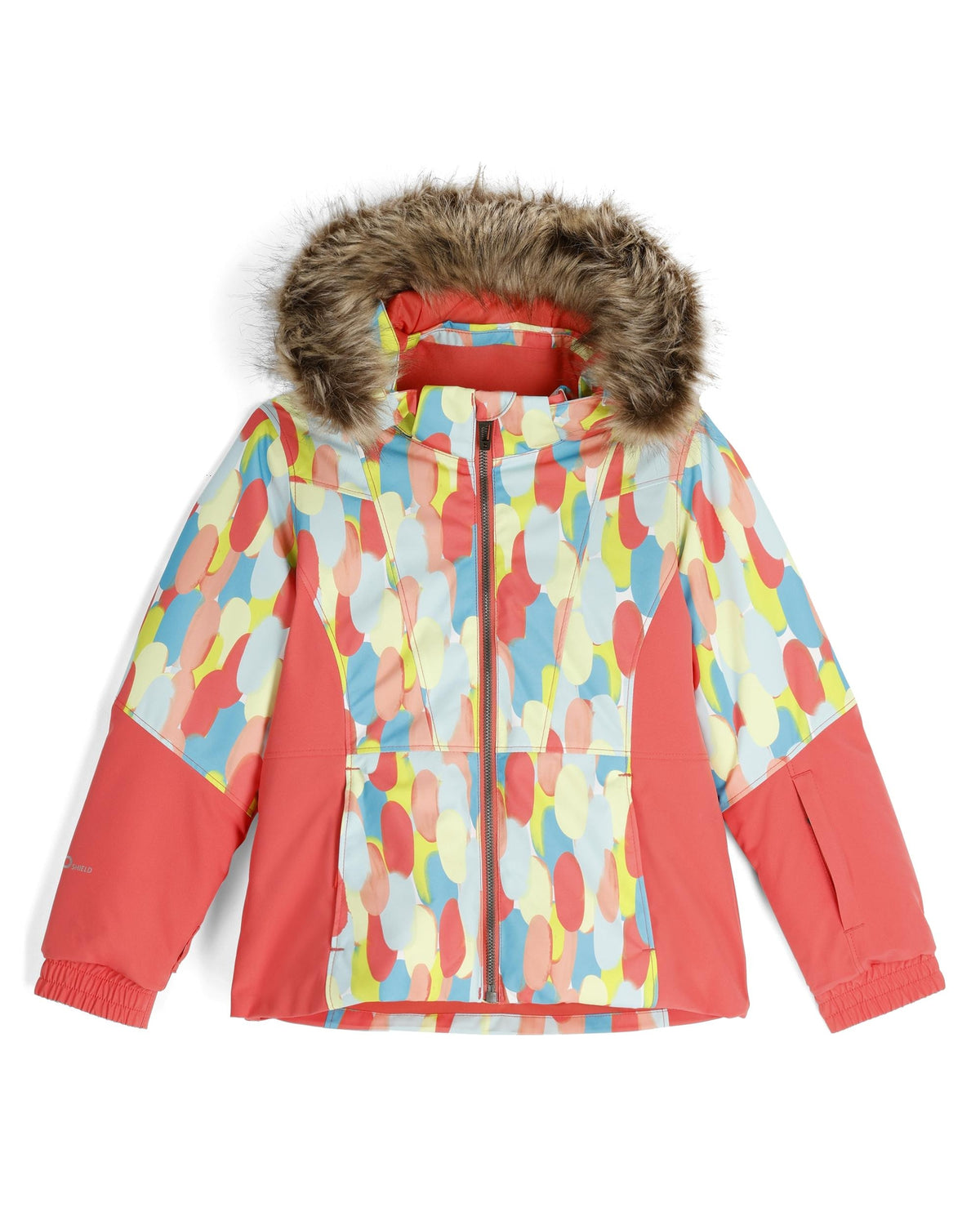 Colorful jacket with a patterned design and fur-lined hood on a white background