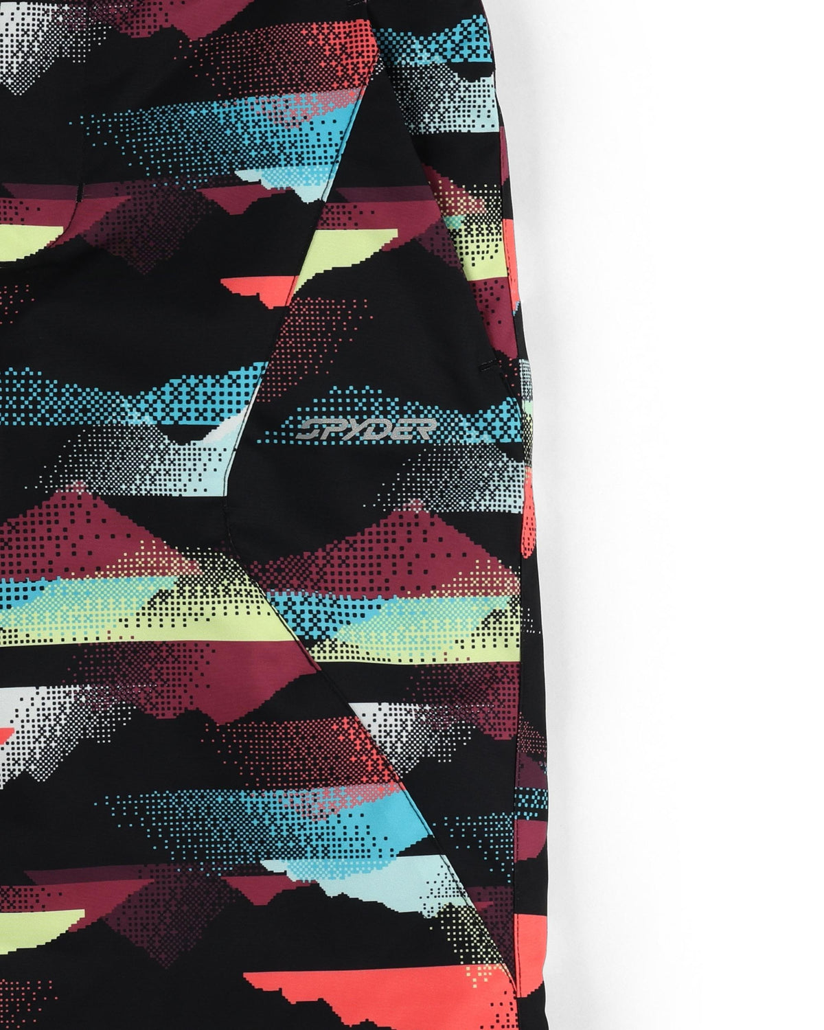 Colorful geometric patterned fabric with a brand logo on a white background