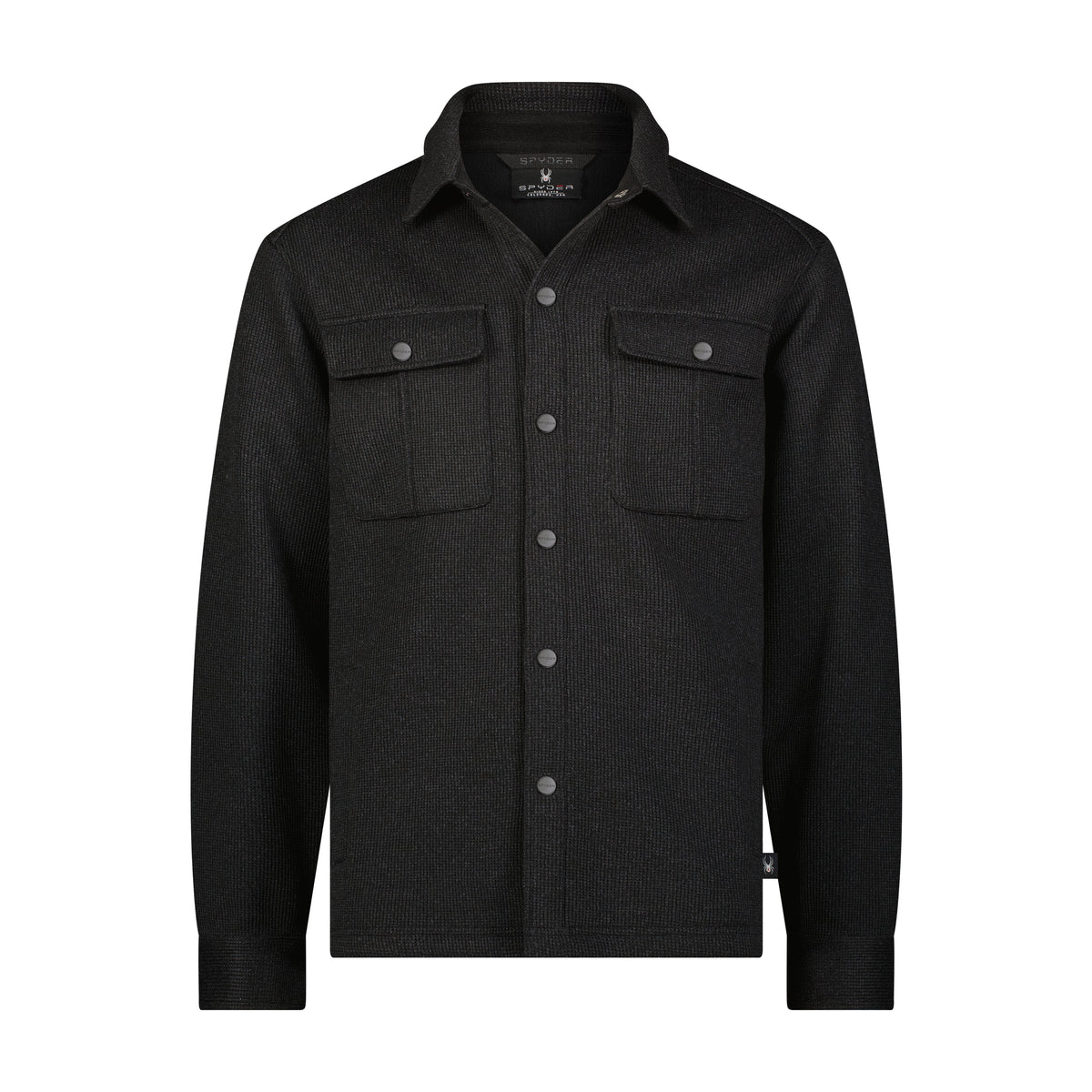 Black shirt jacket with button details on a white background