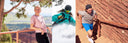 Three people in different outdoor settings: a woman on a scenic overlook, a skier, and a man running.
