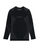 Black long-sleeve compression shirt with geometric patterns on a white background