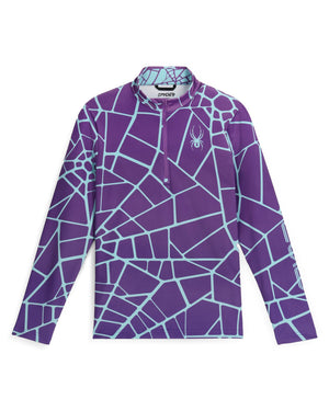 Purple geometric patterned shirt with a brand logo on a white background