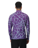 Person wearing a purple geometric patterned shirt on a white background