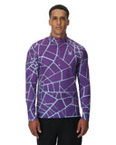 Man wearing a purple geometric patterned long-sleeve shirt on a white background