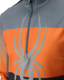 Close-up of a jacket with an orange and gray design on a white background