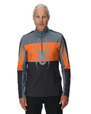 Man wearing a sports jacket with a spider logo on a white background