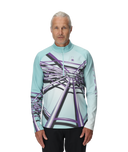 Man wearing a light blue cycling jersey with a purple and black abstract design on a white background