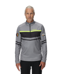 Man wearing a gray jacket with brand logos on a white background