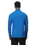 Person wearing a blue long-sleeve shirt with a brand logo on the back against a white background
