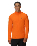Man wearing an orange long-sleeve shirt with a brand logo on a white background